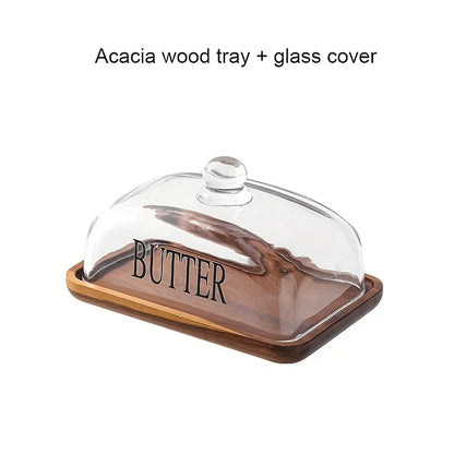 1PC Elegant Small Wood Cake Plate with Glass Cover Transparent Dome Cheese Plate with Handle And Wooden Tray Glass Butter Dish