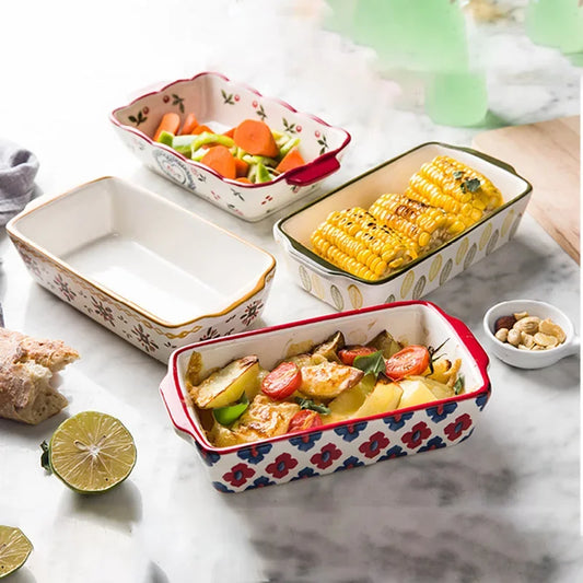 Ceramic Baking Dish Roasting Lasagna Pan  Rectangular Dish Bakeware Pan With Handle Oven Kitchen Baking Tool