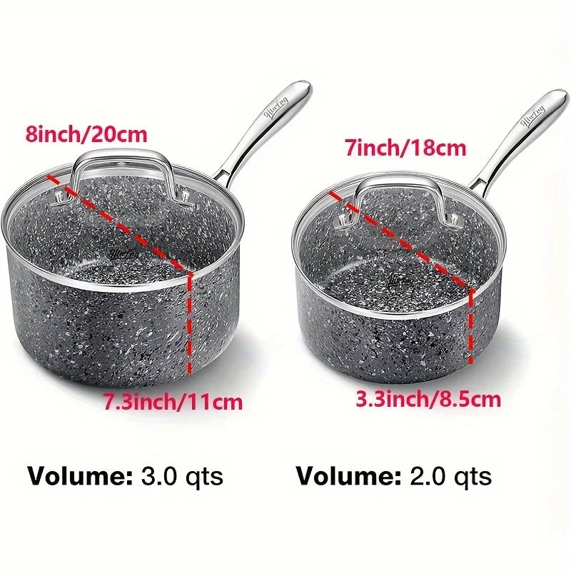 HLAFRG Nonstick 2Qt & 3Qt Sauce Pan Set with Lid, Saucepan Set, Natural Granite Small Sauce Pots, Grey Pot Set for All Stove