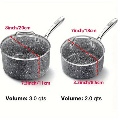 HLAFRG Nonstick 2Qt & 3Qt Sauce Pan Set with Lid, Saucepan Set, Natural Granite Small Sauce Pots, Grey Pot Set for All Stove