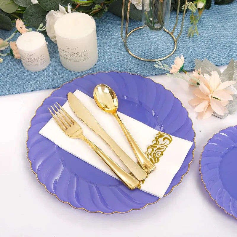 150PCS Blue Plastic Plates - Gold Plastic Silverware - Heavy Duty Navy Blue Disposable Plates