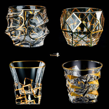 Whiskey Glass Tumblers Set Gold Line Wine Whisky Glasses Golden Painted Crystal Barware Multi-function Beer Cocktail Gift Box