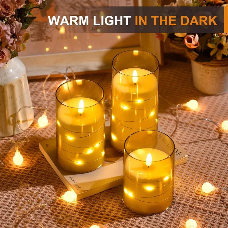 Flickering Flameless Candles 3D Wick Built-in Star String Light Acrylic Battery Operated LED Pillar Candles with Remote and Time