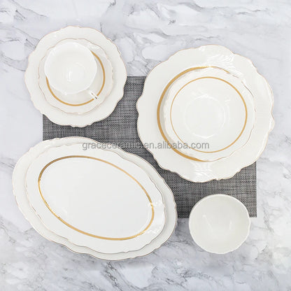 38 Pcs Royal White and Gold Line Ceramic Bone China Turkish Fine Porcelain Dinner Set Dinnerware Sets Luxury