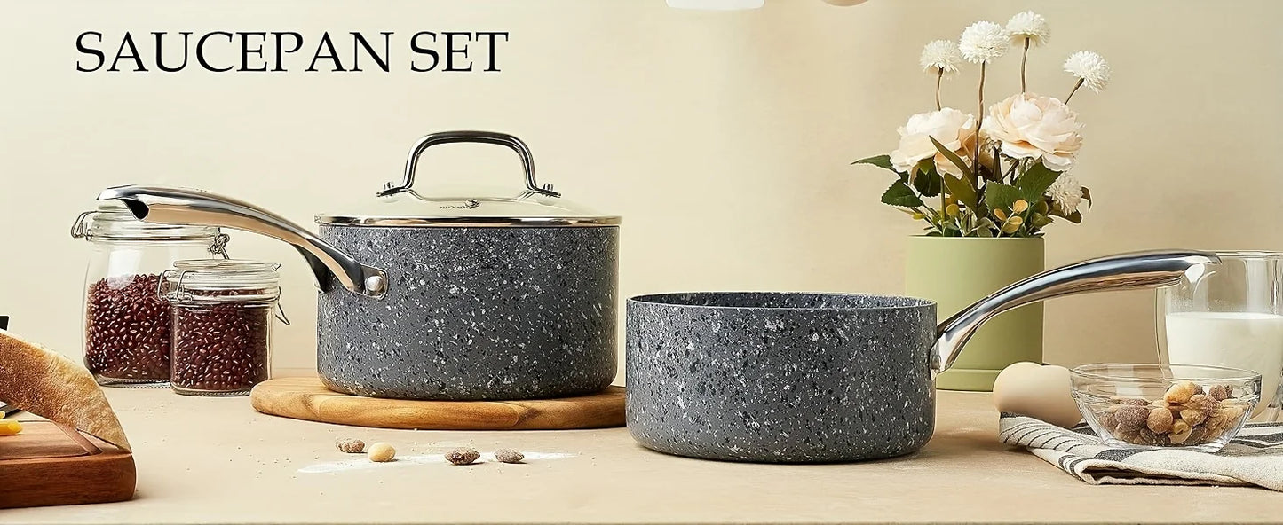 HLAFRG Nonstick 2Qt & 3Qt Sauce Pan Set with Lid, Saucepan Set, Natural Granite Small Sauce Pots, Grey Pot Set for All Stove