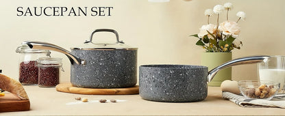 HLAFRG Nonstick 2Qt & 3Qt Sauce Pan Set with Lid, Saucepan Set, Natural Granite Small Sauce Pots, Grey Pot Set for All Stove