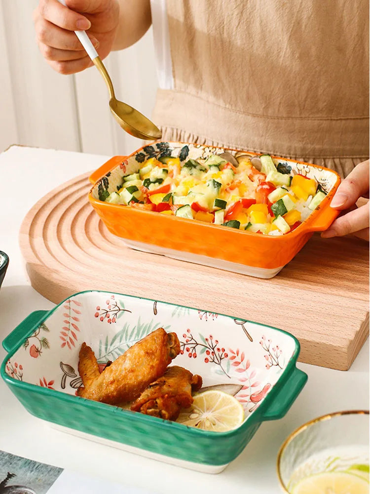 YWDL Ceramic Baking Dish Roasting Lasagna Pan Rectangular Dish Bakeware Pan With Handle Oven Kitchen Baking Tool baking tray