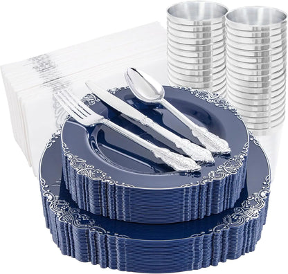 350pcs Plastic Plates - Gold Plastic Dinnerware Set Includes: 50 10.25”Dinner Plates,50 7.5” Dessert Plate, 50 Cups, 50 Napkin