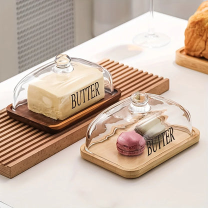 1PC Elegant Small Wood Cake Plate with Glass Cover Transparent Dome Cheese Plate with Handle And Wooden Tray Glass Butter Dish