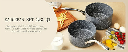 HLAFRG Nonstick 2Qt & 3Qt Sauce Pan Set with Lid, Saucepan Set, Natural Granite Small Sauce Pots, Grey Pot Set for All Stove