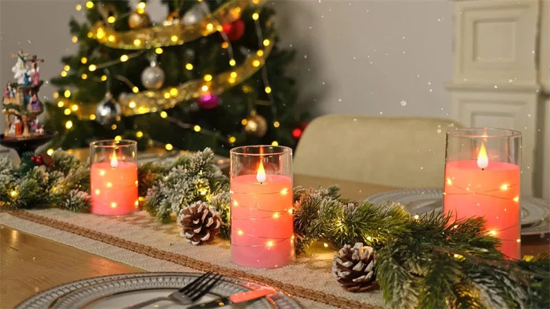 Flickering Flameless Candles 3D Wick Built-in Star String Light Acrylic Battery Operated LED Pillar Candles with Remote and Time