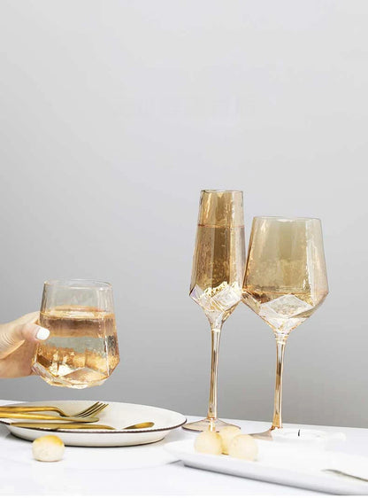 Northern Europe Luxury Gold Amber Champagne Goblet Wine Glasses Colored Home Lead-free Crystal Glass Hammered Diamond Whisky Cup