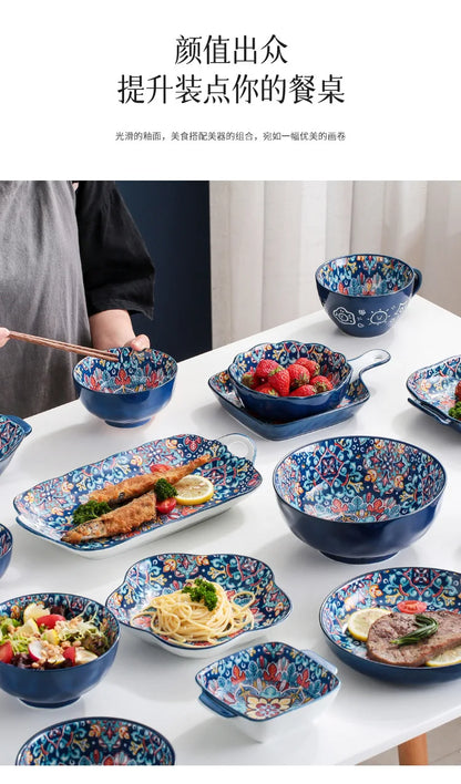 Baroque dish set Creative ceramic tableware Rice rice bowl soup noodles large bowl Household handle bowl Fish plate dish