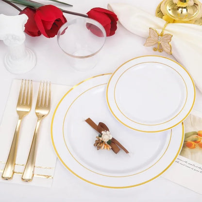 700PCS Gold Plastic Plates -Whtie and Gold Plastic Dinnerware Sets 100Guest - 200 Gold Disposable Plates,100 Napkins for Wedding