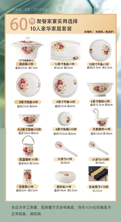 60pcs European Style Dinnerware Sets Luxury Bone China Tableware Sets Bowl Spoon Dinner Plate Set Kitchen Utensils Dinner Set