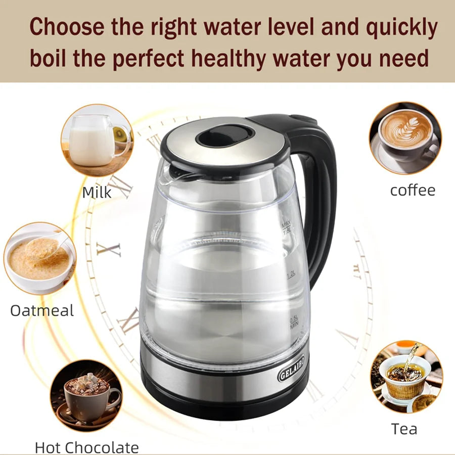 Kitchen Glass Electric Kettle,1.8L Double Layer Scald Resistant Hot Water Boiler, 1500W Fast Boiling,Ideal For Home & Travelling