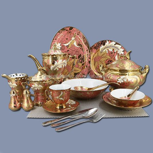 Kitchen Dinner Sets Plates Gold Plated Flower Full Desgin  Fine Porcelain Ceramic Bone China Dinner Set for 6 Person