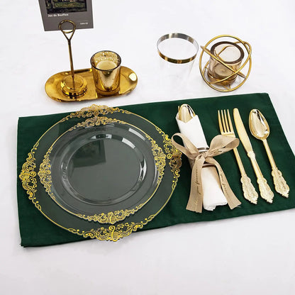 70Pcs Disposable Tableware Transparent Flower Petal Shape Gold Rim Plastic Plate Cup Silverware Birthday Wedding Party Supplies