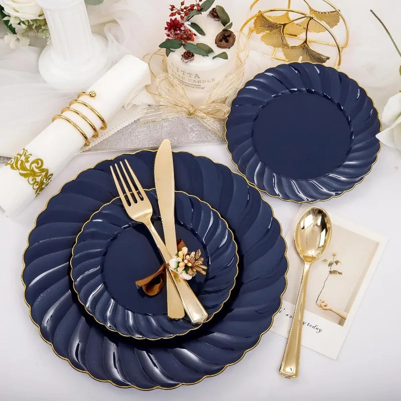 150PCS Blue Plastic Plates - Gold Plastic Silverware - Heavy Duty Navy Blue Disposable Plates