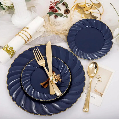 150PCS Blue Plastic Plates - Gold Plastic Silverware - Heavy Duty Navy Blue Disposable Plates