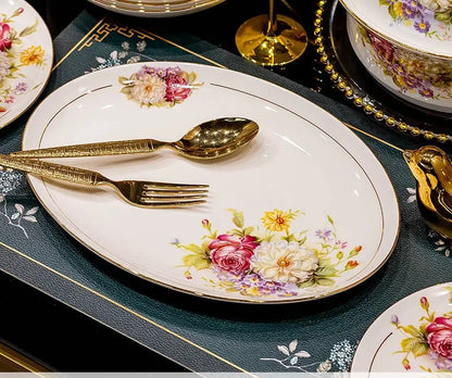 60pcs European Style Dinnerware Sets Luxury Bone China Tableware Sets Bowl Spoon Dinner Plate Set Kitchen Utensils Dinner Set