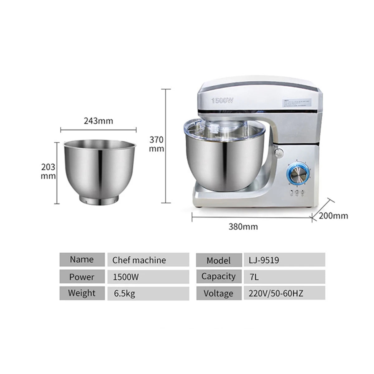 electric kitchen mixer 1500w Stand Mixer 7L Blender dough mixer Egg frother Planetary Mixer food processors home appliance