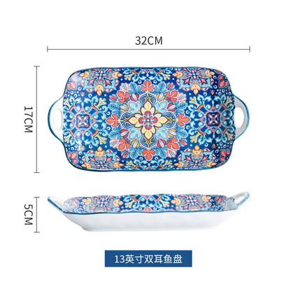 Baroque dish set Creative ceramic tableware Rice rice bowl soup noodles large bowl Household handle bowl Fish plate dish