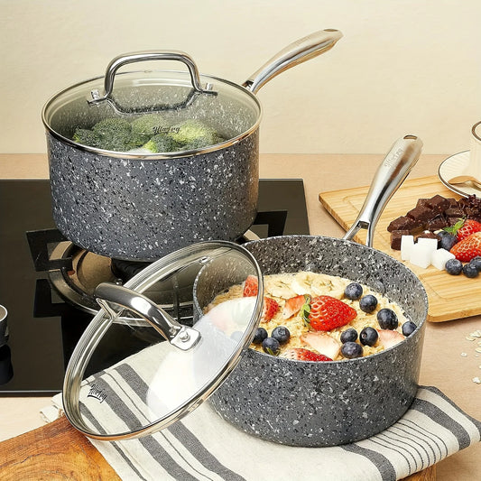 HLAFRG Nonstick 2Qt & 3Qt Sauce Pan Set with Lid, Saucepan Set, Natural Granite Small Sauce Pots, Grey Pot Set for All Stove