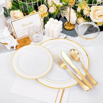 700PCS Gold Plastic Plates -Whtie and Gold Plastic Dinnerware Sets 100Guest - 200 Gold Disposable Plates,100 Napkins for Wedding
