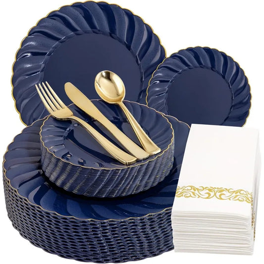 150PCS Blue Plastic Plates - Gold Plastic Silverware - Heavy Duty Navy Blue Disposable Plates