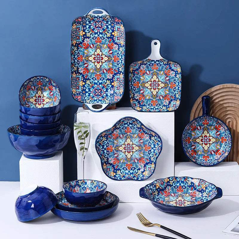 Baroque dish set Creative ceramic tableware Rice rice bowl soup noodles large bowl Household handle bowl Fish plate dish
