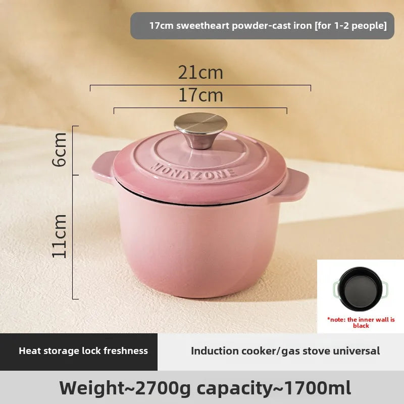 Enameled Mini Cast Iron Dutch Oven 1.7L for Cooking Bake Bread Cast Iron Pot Casserole Dish Heavy Milk Pot Pink Kitchen Stew Pot