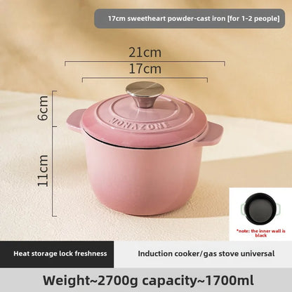 Enameled Mini Cast Iron Dutch Oven 1.7L for Cooking Bake Bread Cast Iron Pot Casserole Dish Heavy Milk Pot Pink Kitchen Stew Pot