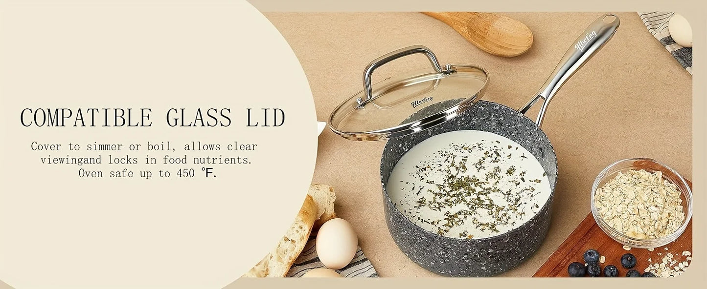 HLAFRG Nonstick 2Qt & 3Qt Sauce Pan Set with Lid, Saucepan Set, Natural Granite Small Sauce Pots, Grey Pot Set for All Stove