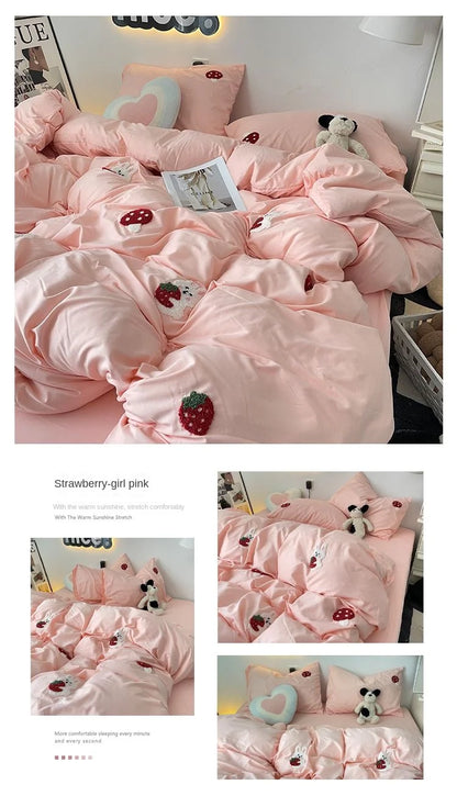 Bedding Set 2024 New Ins Style  Minimalist Blue Washing Cotton black bow towel Embroidered Four PIECE Set, 1.5 Bed Sheets