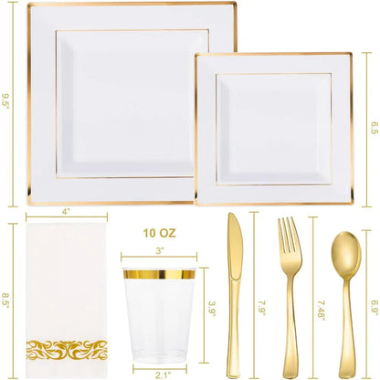 50 Guest Gold Dinnerware Set-100 White Square Plastic Plates with Gold Rim, 50 Gold Plastic forks &Spoons &Knives &Cups &Napkins