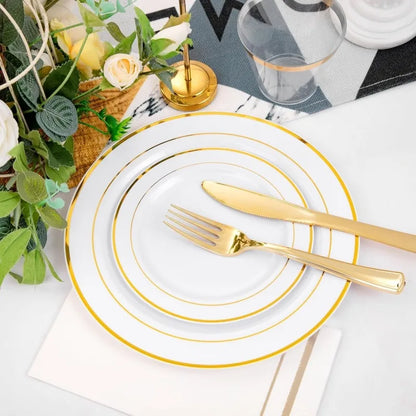 700PCS Gold Plastic Plates -Whtie and Gold Plastic Dinnerware Sets 100Guest - 200 Gold Disposable Plates,100 Napkins for Wedding