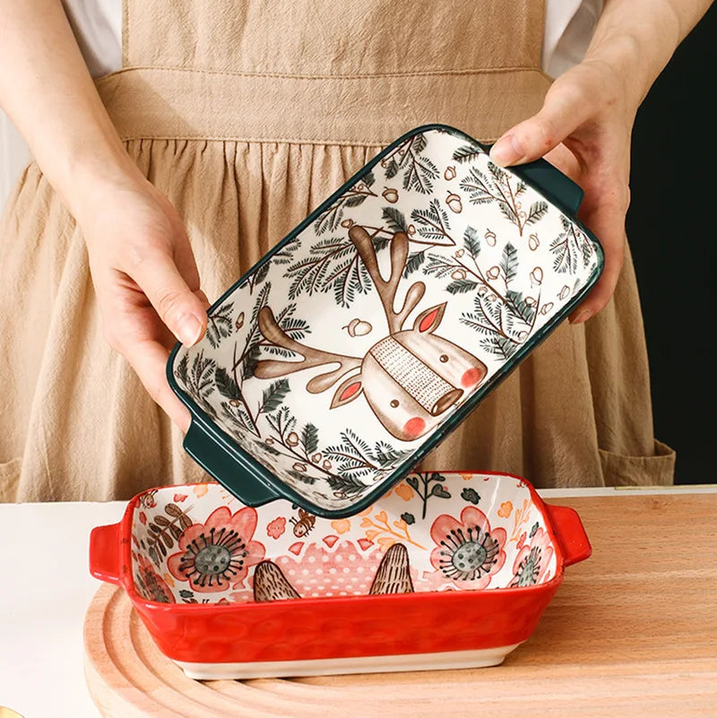 YWDL Ceramic Baking Dish Roasting Lasagna Pan Rectangular Dish Bakeware Pan With Handle Oven Kitchen Baking Tool baking tray