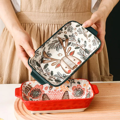 YWDL Ceramic Baking Dish Roasting Lasagna Pan Rectangular Dish Bakeware Pan With Handle Oven Kitchen Baking Tool baking tray
