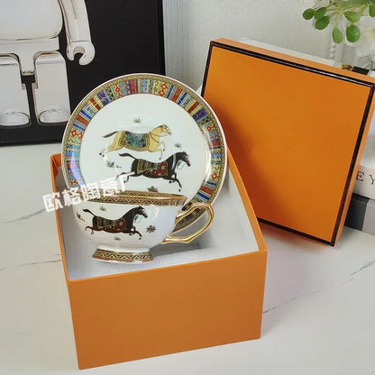 English Bone China Tea Set - Gold Trim Coffee Cups, Saucers & Cake Plates, Classic Afternoon Tea