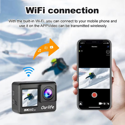 Action Camera 5K 4K60FPS EIS Wi-Fi Dual Screen 170D 2.0 Inch Touch Screen 30M Waterproof Sport Camera With Remote Control