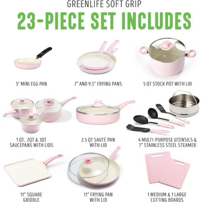 Juego de 23 ollas y sartenes para salsa de cocina de cerámica antiadherentes de agarre suave y saludable con utensilios de cocina.