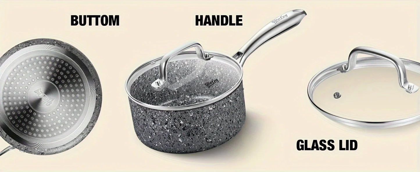 HLAFRG Nonstick 2Qt & 3Qt Sauce Pan Set with Lid, Saucepan Set, Natural Granite Small Sauce Pots, Grey Pot Set for All Stove