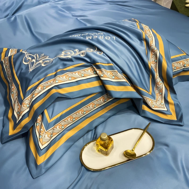 European Style Gold Edge Embroidered Bedding Set Luxury White Satin Cotton Duvet Cover Bed Sheets Pillowcases King Queen Size