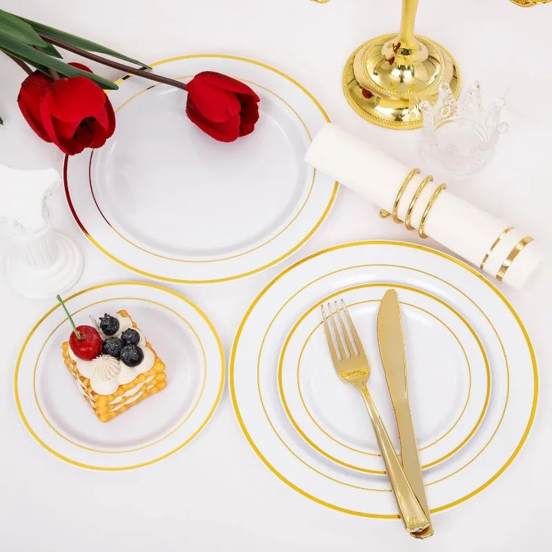 700PCS Gold Plastic Plates -Whtie and Gold Plastic Dinnerware Sets 100Guest - 200 Gold Disposable Plates,100 Napkins for Wedding