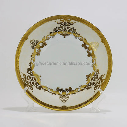 24k Gold Dinnerware Ceramic Luxury Personalized Desgin Embossed Fine Porcelain China Dubai 81pcs Dinner Set for 8 Persons