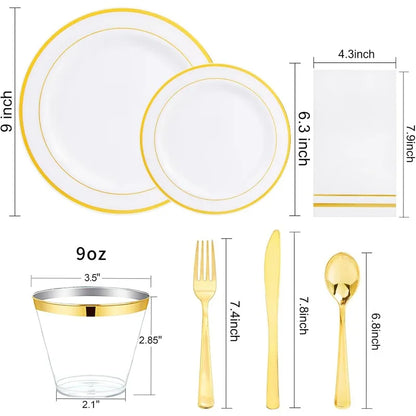 700PCS Gold Plastic Plates -Whtie and Gold Plastic Dinnerware Sets 100Guest - 200 Gold Disposable Plates,100 Napkins for Wedding