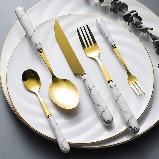 30pcs Cutlery Sets Gold Fork Spoon Knife Set Ceramic Tableware 304 Stainless Steel Dinner Set Cutlery Spoons Sets DropShipping