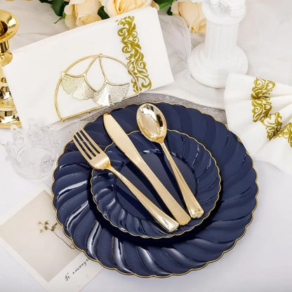 150PCS Blue Plastic Plates - Gold Plastic Silverware - Heavy Duty Navy Blue Disposable Plates