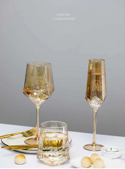 Northern Europe Luxury Gold Amber Champagne Goblet Wine Glasses Colored Home Lead-free Crystal Glass Hammered Diamond Whisky Cup